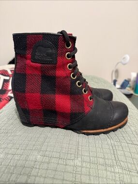 Sorel Red and Black Plaid Lace-Up Wedge Booties